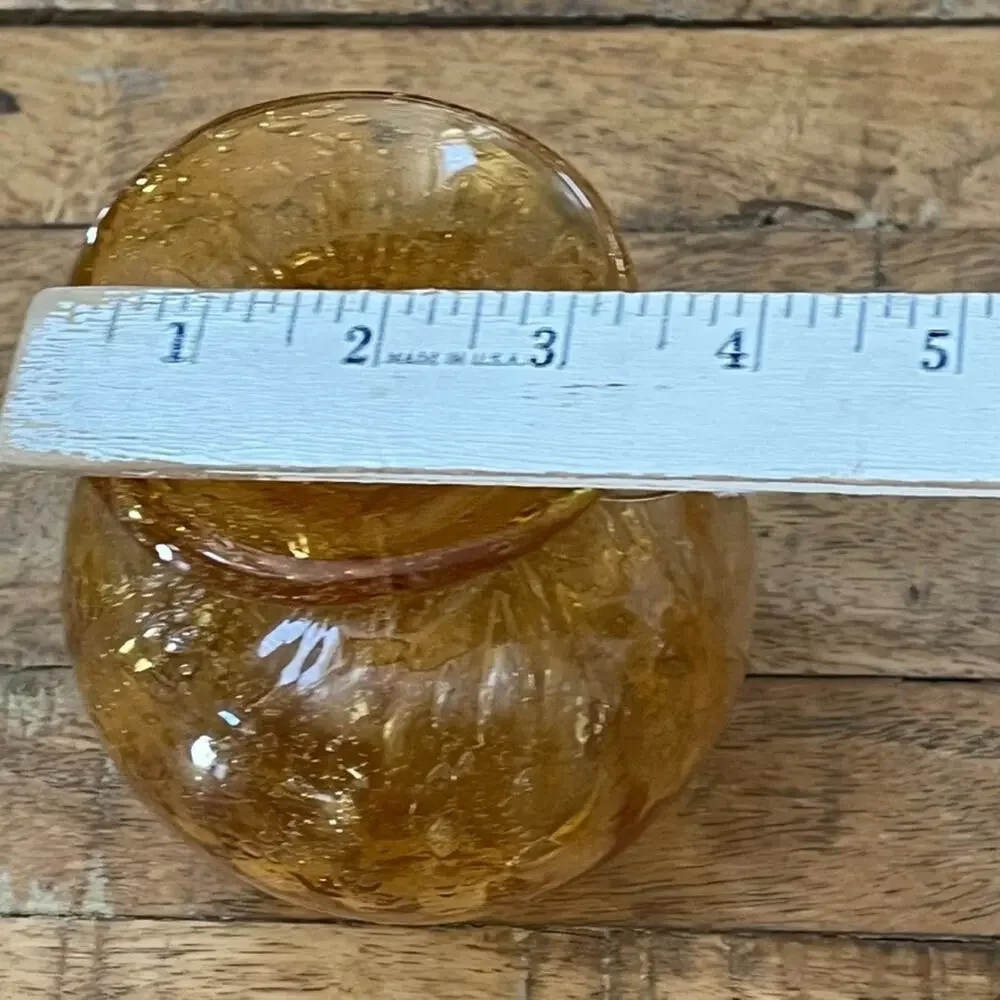 Vintage Hand Blown Glass Vase 5.5 in Amber Yellow Bubble Design w Scroll Handles